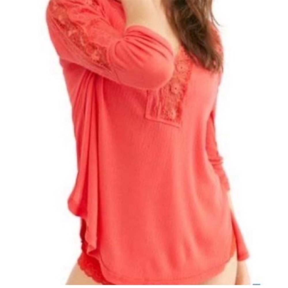 Free People Bohemian Lace overlay Blouse coral long sleeve top Small B3